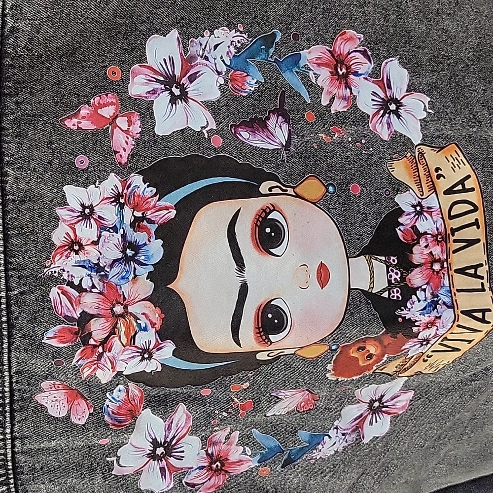 Viva La Vida Printed Women's Denim Jacket With Pearl Detail - Picture 2 of 6